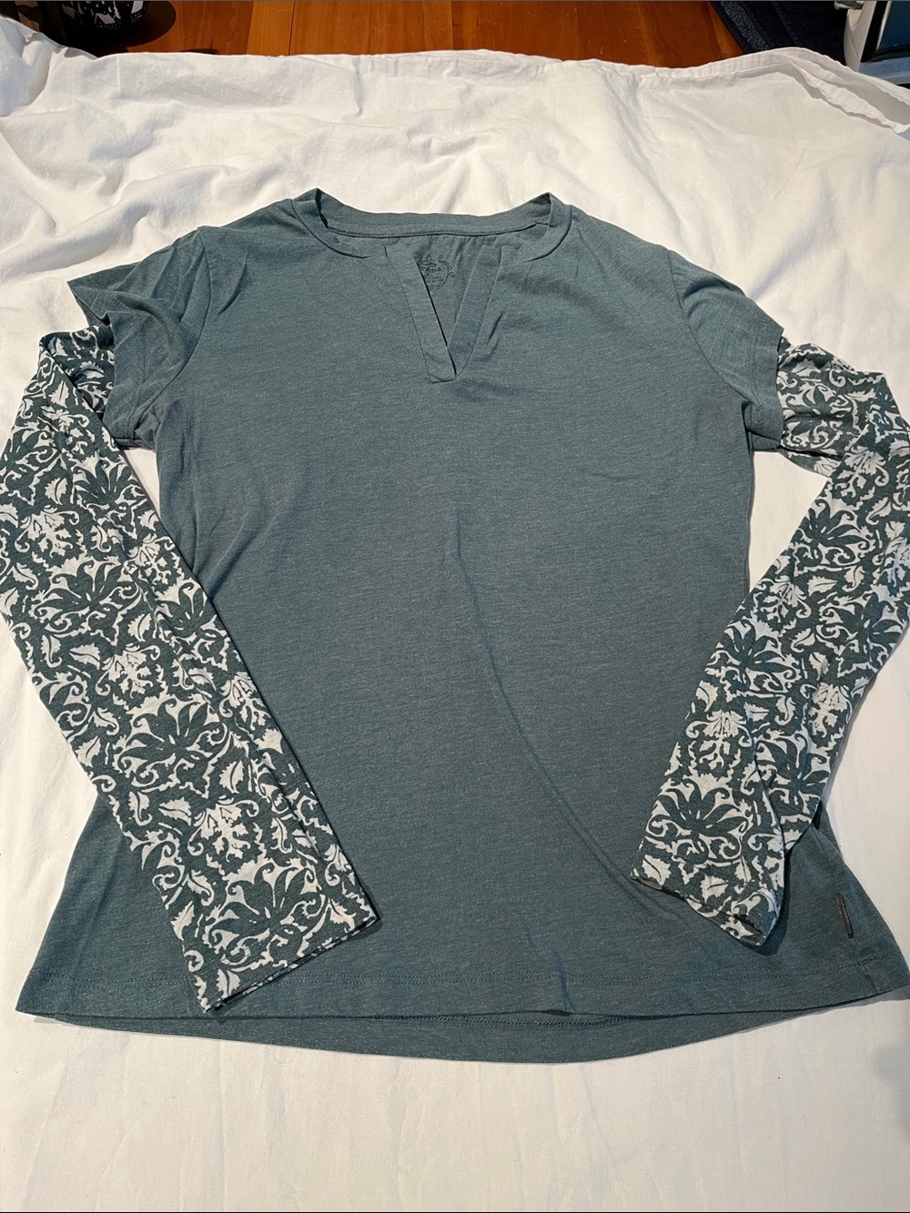 Prana Teal Layered-Look Long Sleeve Top with Patterned Sleeves, size XL